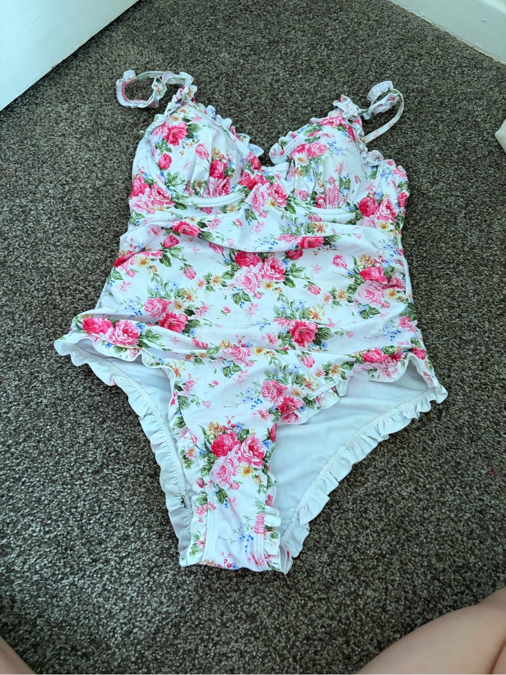 Floral Ruffled One-Piece Swimsuit - White with Pink Rose Print